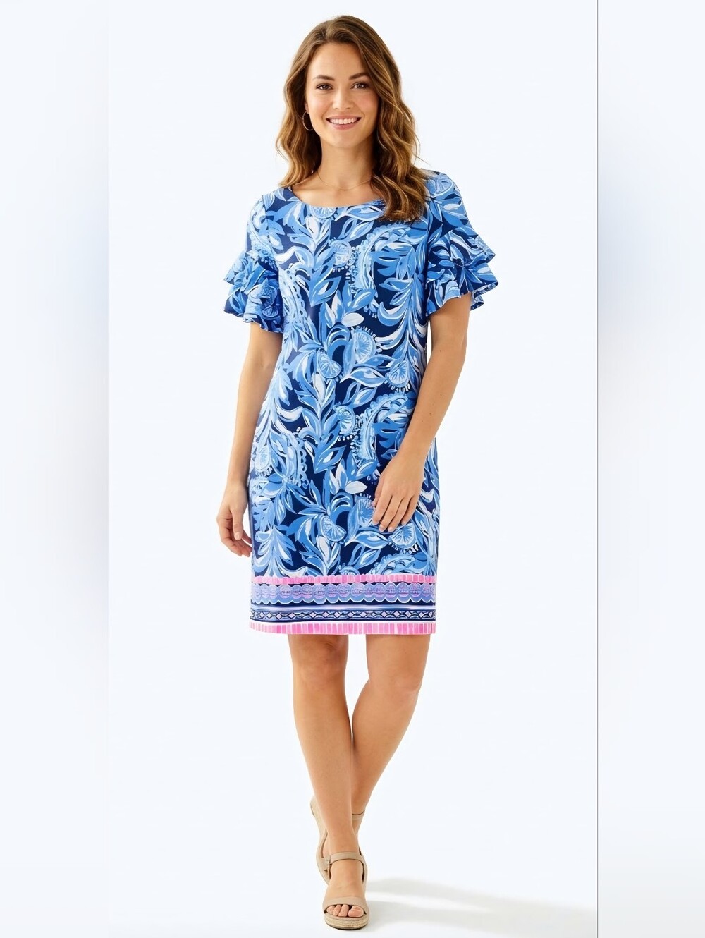 Lilly Pulitzer Blue Floral Ruffle Sleeve Dress Size XS